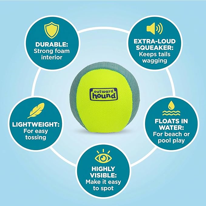 Outward Hound FlyFetch Squeak Ball Dog Toy, Extra‑Loud Squeaker, Durable Foam Core, Floats in Water, All Breeds, 4"