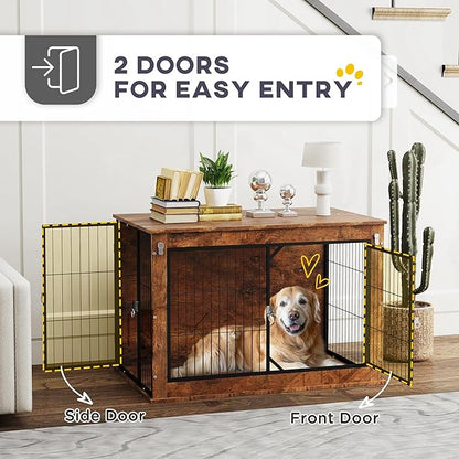 PawHut 39" Dog Crate Furniture with Flip-up Top Opening, Decorative Dog Kennel Furniture Side Table with 2 Doors for Large Breeds, Rustic Brown