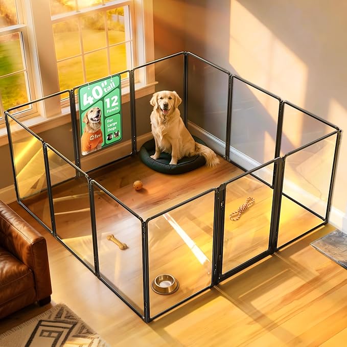 FXW AuraSpace Pro Acrylic Indoor Dog Playpen, Heavy-Duty with Metal Frame, 40" Height 12 Panels for Medium and Large Dogs, Walnut│Patented
