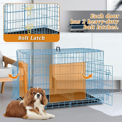 Folding Dog Crate 36" Metal Portable Outdoor Double Door Wire Large Cat Pet Dog Cage Kennel with ABS Tray LC & Divider, Blue