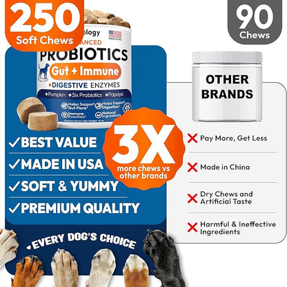 Probiotics for Dogs - 250 Dog Probiotics Chews - Digestive Enzymes & Prebiotics - Support Gut Health, Diarrhea, Gas & Constipation Relief - Itchy Skin, Allergies, Yeast Balance - Advanced Supplement