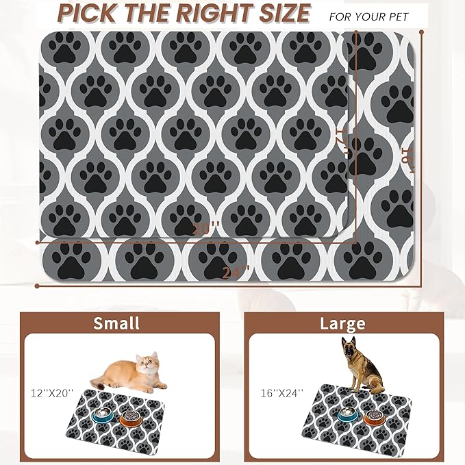 Gray Paw Print Geometric Dog Cat Food Mat,Absorbent Pet Feeding Mat for Food and Water,Non-Slip Dog Bowl Mats Floor Protector 16"x24"