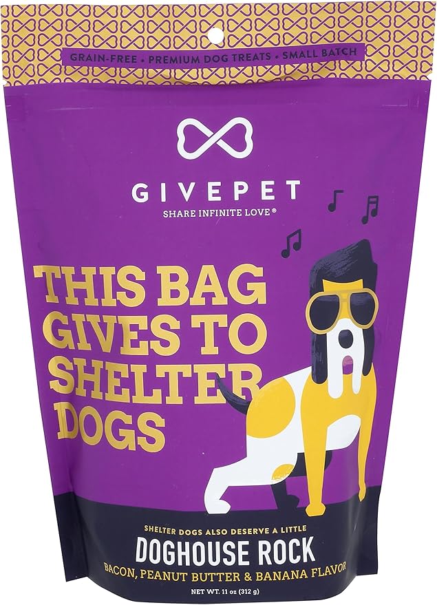 Doghouse Rock Dog Treats, 11 oz by GivePet - Premium Dog Training Treats, Grain-Free with No Artificial Flavors - Bacon, Peanut Butter and Banana Dog Snacks - Dog Treat Bag, Made in USA