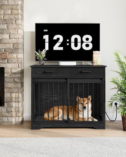 Hzuaneri 38.2'' Dog Crate Furniture with Charging Station, Barn Door Dog Kennel Indoor with 2 Storage Drawers, Wooden Pet Cage End Side Table for Medium/Large Dogs, Chew-Proof, Black DFC90304B