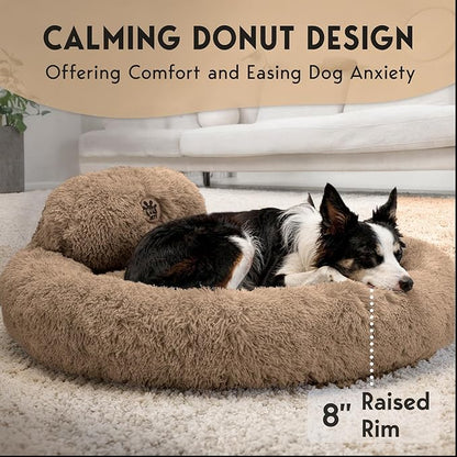 PetJett Large Dog Bed - 36'' Calming Donut Dog Beds, Anti-Slip & Washable Large Round Bed, Fluffy Faux Fur Pet Bed, Super Soft Anti-Anxiety Premium Comfort Bed, Fits Dogs up to 80 lbs - Beige