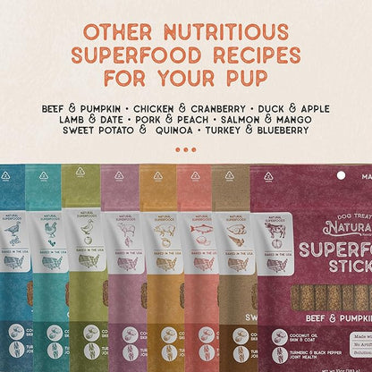 Dog Treat Naturals Superfood Sticks, Beef & Pumpkin, 10oz Bag | Dog Chew Sticks | All-Natural, Pet Training Treats | Joint-Skin-Coat Health | USA Made
