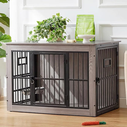 38 Inch Heavy Duty Dog Crate Furniture for Medium Dogs, Decorative Pet House End Table with 3 Doors & Adjustable Bowls, Wooden Cage Kennel Furniture Indoor, Rustic Grey