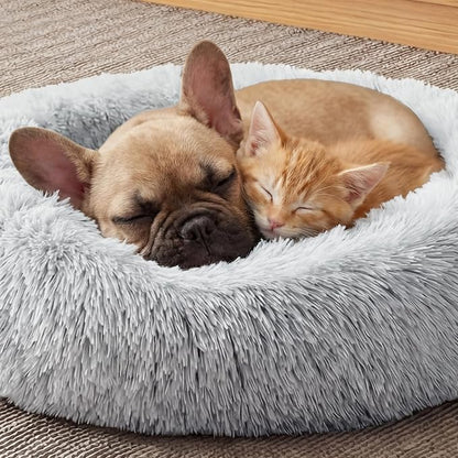 WROS Calming Dog Bed, 24" x 24" x 6" Fits Cat & Dog, Anti-Slip Round Washable Faux Fur for Doze Off, Napping Orthopedic, Grey