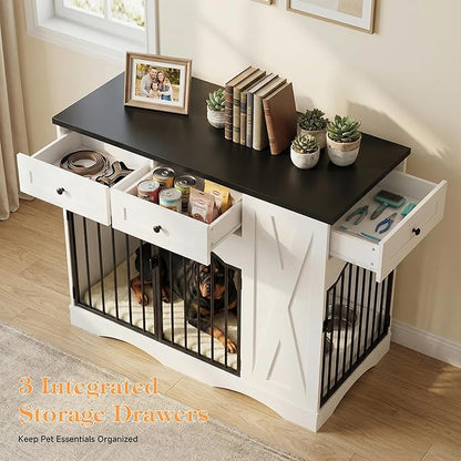 43.3" Furniture Style Dog Crate with 3 Storage Drawers, Heavy Duty Wood Pet Kennel with Removable Feeder, Modern End Table Dog House with Dual Doors for Large Dogs (41-70 lbs) (Black)