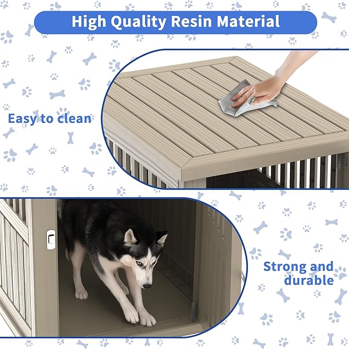 DRATO Dog House Resin Dog Kennel Furniture Weatherproof Functional End Table for Indoor Living Spaces & Outdoor Patios(Light Brown, Large (39.37 * 28.35 * 32.83))