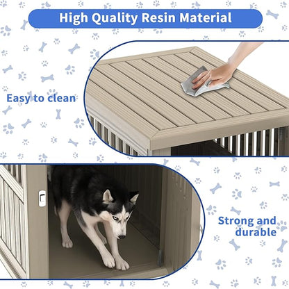 DRATO Dog House Resin Dog Kennel Furniture Weatherproof Functional End Table for Indoor Living Spaces & Outdoor Patios(Light Brown, Large (39.37 * 28.35 * 32.83))