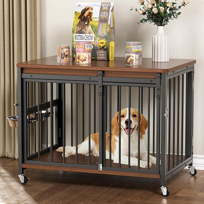 Cofiyard Dog Crate Furniture, 32’’ Wooden Dog Kennel Indoor with Sliding Front Door, Multi-Side Openings & Feeding Window Pet Cage House as TV Stand, End Table for Medium Dogs