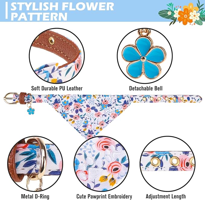 EXPAWLORER Small Collar and Leash Set - Embroidery Pawprints with Bow Tie and Bandana Collar with Bell, Soft Tangle Free Leash for Dogs Cats Outdoor Walking, Holiday Ideal Gift Blue Flowers S