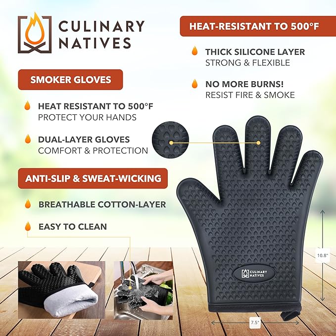 Smoker Gloves and Meat Claws | Instant-Read Thermometer, Timer & Brush | No.1 Heat Resistant Grill & Smoker Accessories Kit | BBQ Gloves & Pulled Pork Claws | Gift Set for Gas Charcoal & Pellet Grills