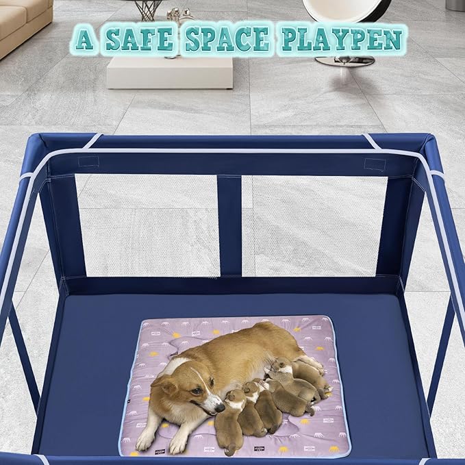 XVISHX 42x42 Inch Puppy Playpen with Cover, Dog Playpen for Puppies or Small Dogs, Pet Fence for Indoor & Outdoor, Sturdy Safety DogPen with Thickened Fabric, High-Strength Nylon Wire Mesh, Blue