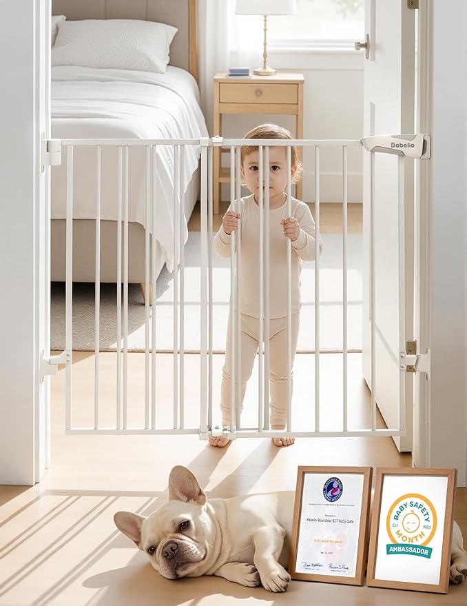 Babelio Baby Gate for Stairs, Kitchen & Doorways, No Bottom Bar| Easy Installation| One-Handed Operation| Auto-Close| Hardware Mount (Drill Needed) Safety Dog Gate (White - B17, 24-39" W, 28" H)