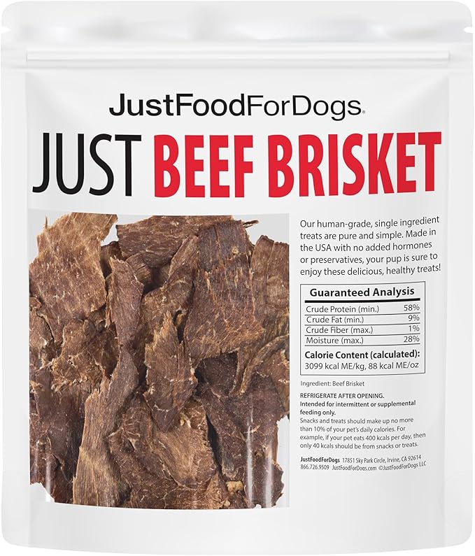 JustFoodForDogs Single Ingredient Healthy Dog Treats and Dog Snacks, Jerky Treats, Human Grade, Preservative and Grain Free, Rawhide Free Chews, Low Calorie Treat - Beef Brisket, 5 oz