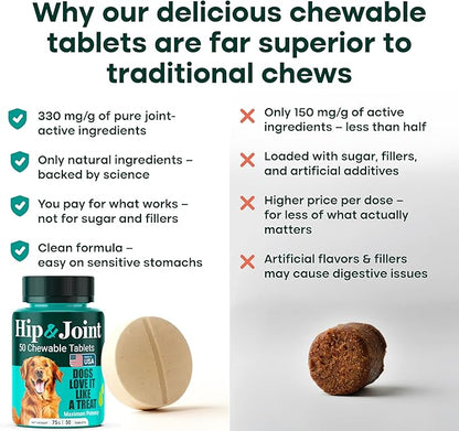 Natureflow Hip & Joint Supplement for Dogs, 300mg Green-Lipped Mussel for Dog Arthritis Pain Relief, Glucosamine, MSM & Chondroitin, Zero Sugar, Large Medium Small Breeds, 200 Chewable Tablets