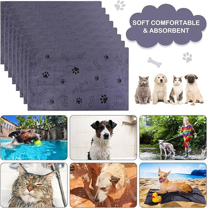 Chumia 8 Pcs Dog Towels for Drying Dogs Cats Pet Towels Bulk Puppy Microfiber Fast Drying Paw Bath Bathing Supplies Absorbent for Medium Pets(18 x 28 Inch,Dog Paw and Bone,Gray)