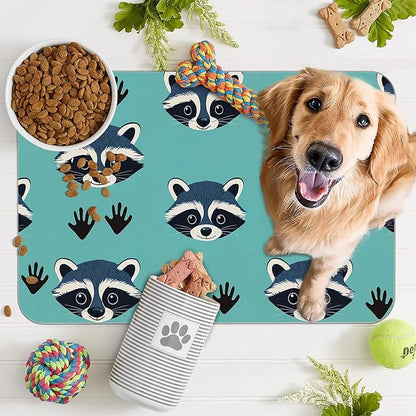 Cute Raccoon Dog Food Mat for Floors,Absorbent Pet Food and Water Bowl Mats,Non-Slip Pet Feeding Mat,Pet Supplies 16" x 24"
