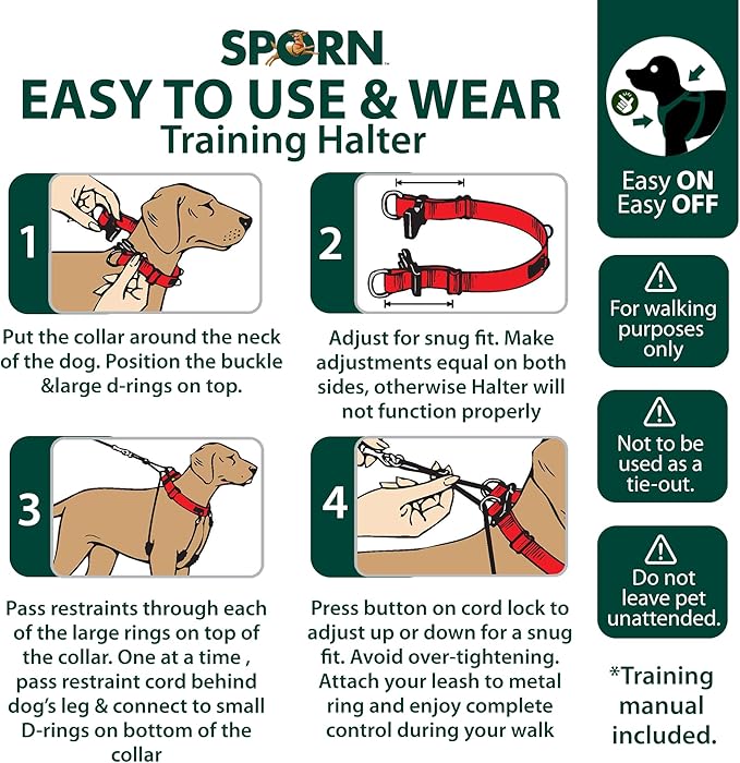 Sporn Original Dog Halter, No Pull Dog Harness, Durable Nylon Collar with Padded Restraint Sleeves for Large Breeds, No Choke Design, Adjustable Fit, Easy On/Off, Blue, Large