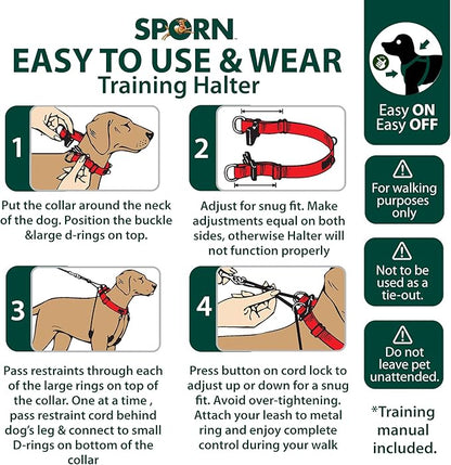 Sporn Original Dog Halter, No Pull Dog Harness, Durable Nylon Collar with Padded Restraint Sleeves for Large Breeds, No Choke Design, Adjustable Fit, Easy On/Off, Blue, Large