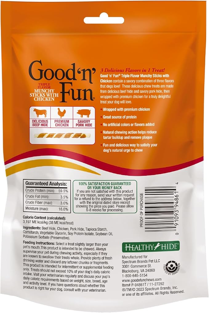 Good 'n' Fun Triple Flavor Munchy Sticks Chews for Dogs, 10 Count, Snack for All Dogs Made with Beef Hide, Chicken and Pork Hide