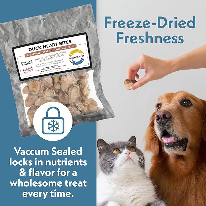 Fresh Is Best Duck Heart Freeze Dried Dog Treats – Raw Freeze Dried Cat Treats in Resealable Zipper Bag – High-Protein for Dogs & Cats – Made in The USA