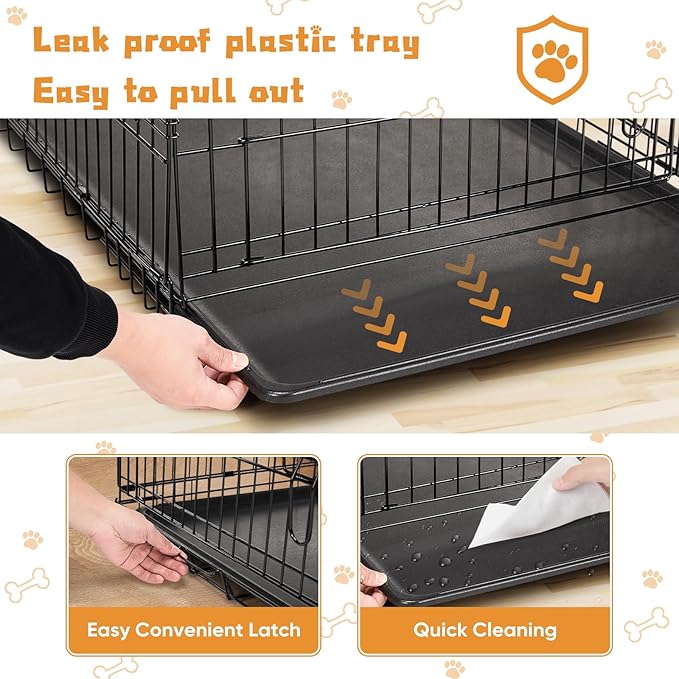 DUMOS Dog Crate, 48 Inch Extra Large Double Door Dog Cage with Plastic Leak-Proof Pan Tray, Folding Metal Wire Pet Kennel for Indoor, Outdoor, Travel
