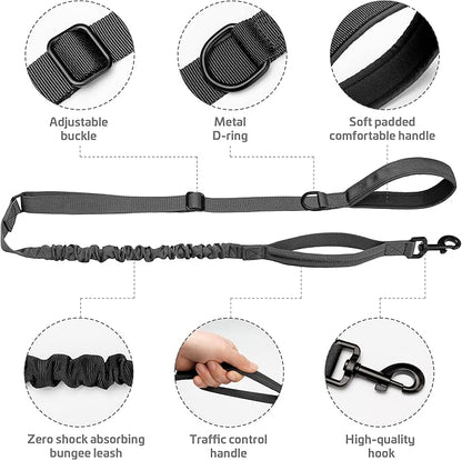 Forestpaw Tactical Dog Leash for Large Dogs,Heavy Duty Bungee Dog Leash with Shock Absorption,2 Padded Handles for Training Running Walking,Adjustable 4-5FT,Black