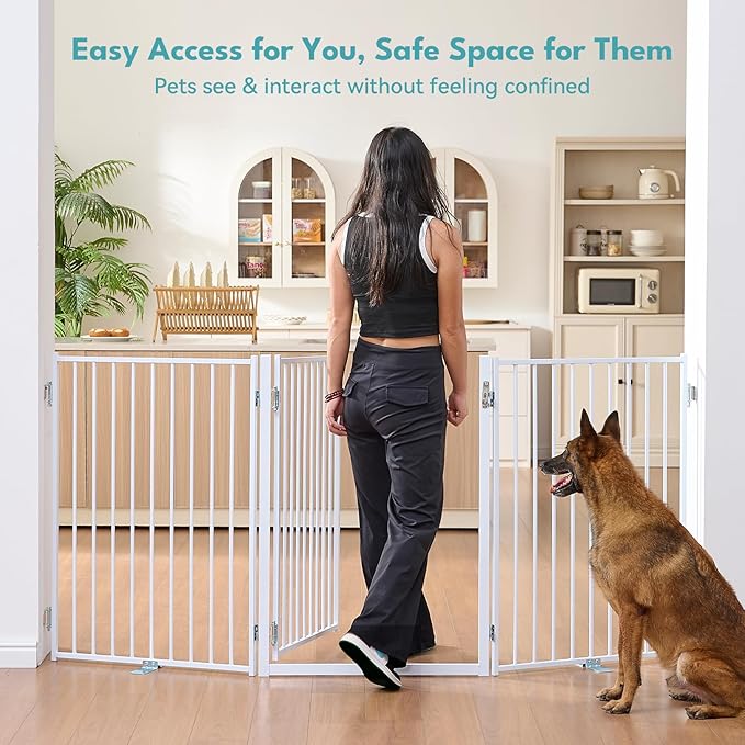 No Pawblems Free Standing Dog Gate with Door, 36'' Tall Foldable Dog Fence for Indoor & Outdoor, Up to 78 Inch Extra Wide Puppy Gate for Stairs, Hallways, Doorways, Deck, Yard (White, 3 Panels)