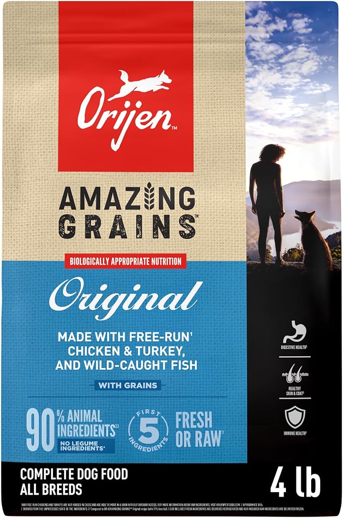 ORIJEN Amazing Grains High Protein Dry Dog Food Original Recipe 4lb Bag