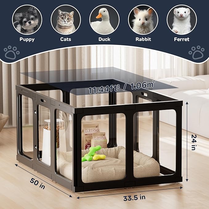 Jalove Acrylic Dog Playpen Indoor, 24“ H Plastic Pet Playpen with Door, Clear Pet Play Pen for Puppy Cat Rabbit Ferret, Easy Assemble Dog Pen, Preferable for Small Cage, Black 10 PCS
