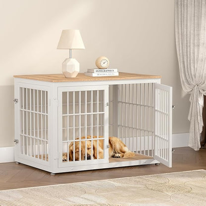 rehomerance 42 Inch Heavy Duty Dog Crate Furniture for Large and Medium Dogs, Decorative Pet House End Table, Wooden Cage Kennel Furniture Indoor, Natural and White