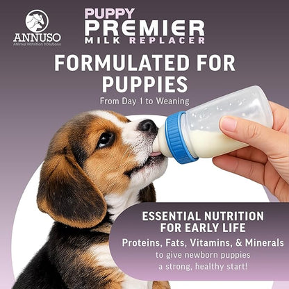 ANNUSO Puppy Premier Milk Replacer, 12oz - 33% Protein & 40% Fat - with IgY & Probiotics for Growth, Energy & Immune Support - for Birth to Weaning, Easy-Mix Powder