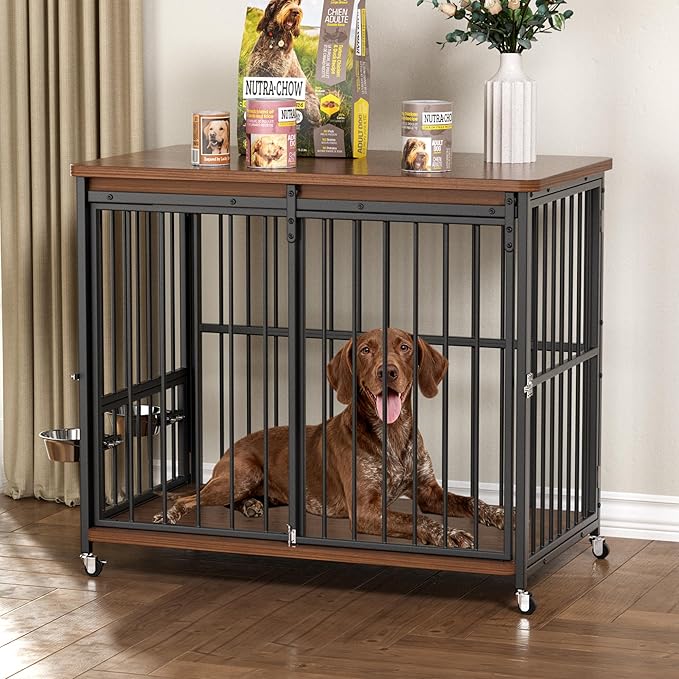 Cofiyard Dog Crate Furniture, 42’’ Wooden Dog Kennel Indoor with Sliding Front Door, Multi-Side Openings & Feeding Window Pet Cage House as TV Stand