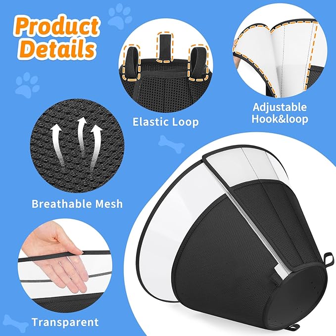 Dog Cone Collar, Clear Soft Cone for Dogs After Surgery to Stop Licking, Breathable Mesh Recovery Collar with Elastic Loop for Snug Fit, Adjustable E-Collar for Medium Dogs, Black Size 3