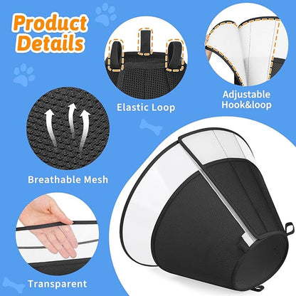 Dog Cone Collar, Clear Soft Cone for Dogs After Surgery to Stop Licking, Breathable Mesh Recovery Collar with Elastic Loop for Snug Fit, Adjustable E-Collar for Small Dogs, Black Size 1