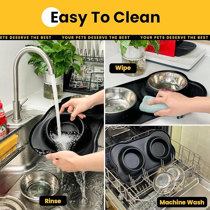 Conlun Stainless Steel Dog Bowls with Non-Slip Silicone Mat, Spill Proof Food & Water Bowls Set, Easy Clean Puppy Food Dish, Dishwasher Safe, Suitable for Dogs Cats Pet Under 20lbs, Small, Black
