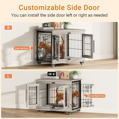 Lulive Small Dog Crate Furniture, Dog Kennel Indoor Double Doors Wooden Dog Cage, 27.1'' Heavy Duty Dog Crate with Cushion & Wheels, Decorative End Table Pet House Chew-Resistant for Small Dogs, Grey