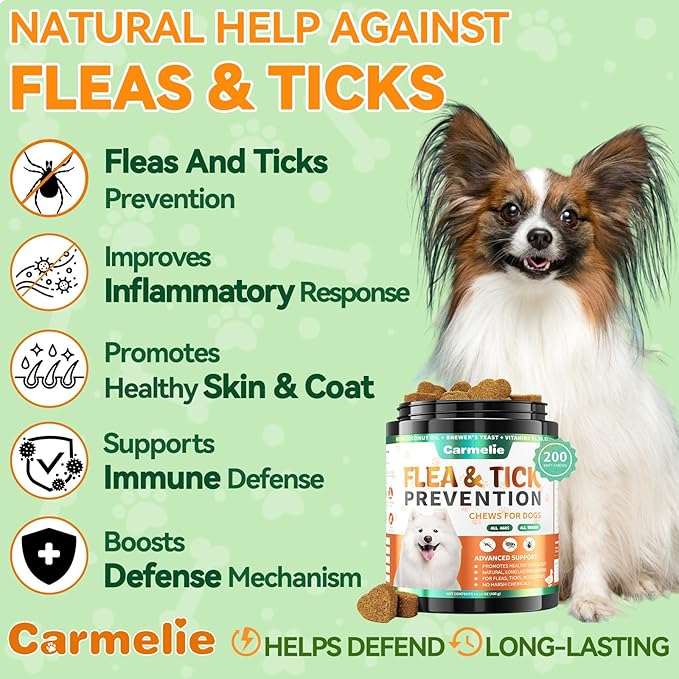 Carmelie Flea and Tick Prevention for Dogs - 200 Soft Chewables Natural Dog Flea and Tick Support - Oral Flea Supplement for All Breeds & Size Dogs, Puppy Flea Protection - Duck Flavor
