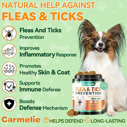 Carmelie Flea and Tick Prevention for Dogs - 200 Soft Chewables Natural Dog Flea and Tick Support - Oral Flea Supplement for All Breeds & Size Dogs, Puppy Flea Protection - Duck Flavor