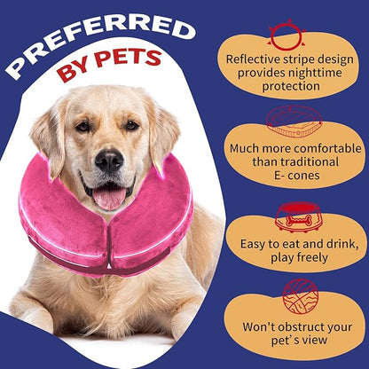 Inflatable Reflective Dog Cone Collar Alternative After Surgery,Doggie Recovery Dount Neck Ecollar,Adjustable Soft Dog Cone Collar for Small Medium Large Dogs (Pink, L)
