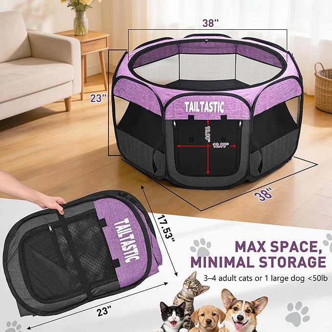 Large Cat Playpen for Multiple Cats, Extra Spacious Pet Tent Playground, Portable Dog Exercise Pen with Room for Toys & Bed, Indoor/Outdoor Enclosure for 2-3 Pets (Purple, Large)
