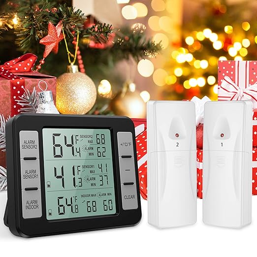 KeeKit Refrigerator Thermometer, Indoor Outdoor Thermometer with 2 Sensors, Wireless Digital Freezer Thermometer with Audible Alarm Temperature Gauge, Min/Max Record for Home, Kitchen