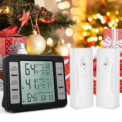 KeeKit Refrigerator Thermometer, Indoor Outdoor Thermometer with 2 Sensors, Wireless Digital Freezer Thermometer with Audible Alarm Temperature Gauge, Min/Max Record for Home, Kitchen
