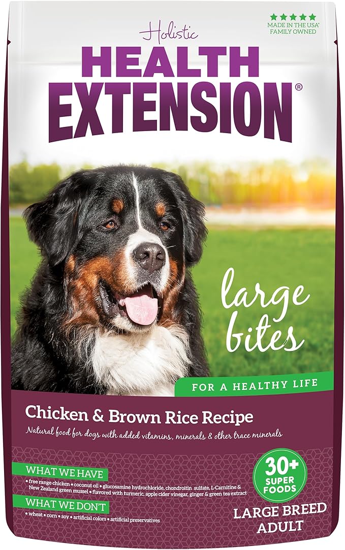 Health Extension Large Bites Chicken & Brown Rice Dry Dog Food, Protein-Rich Formula with Probiotics & Essential Nutrients for Large Breeds (30 lb)
