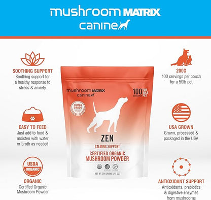 Om Mushroom Matrix Zen Matrix Mushroom Blend Pet Supplement, Provides Calming Soothing Support for Dogs & Cats, 200 Grams, 7.1 oz