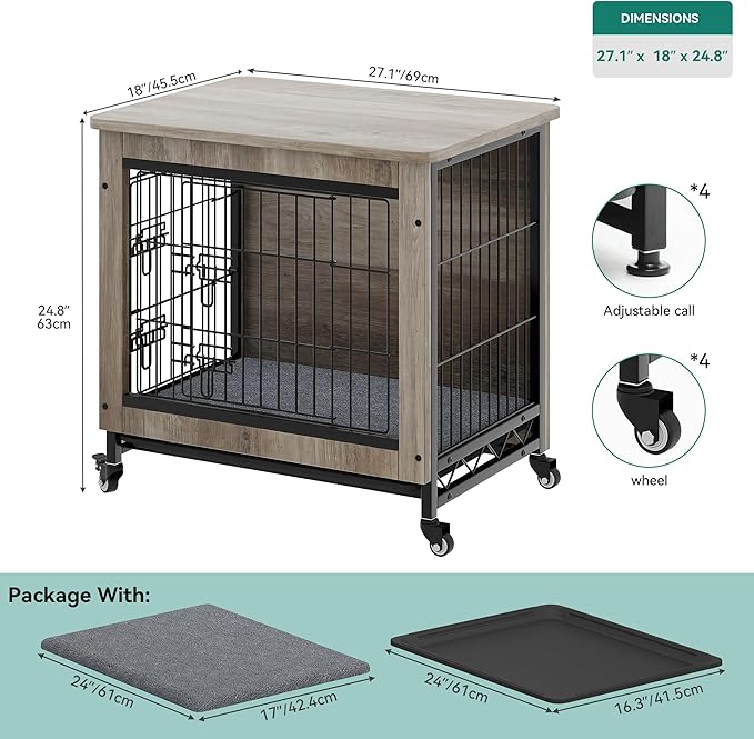 YITAHOME Dog Crate Furniture with Cushion, Dog Kennel Indoor with Wheels, Dogs Crate End Table with Tray, 27" Cage with Double Doors for Small Dogs (Gray)