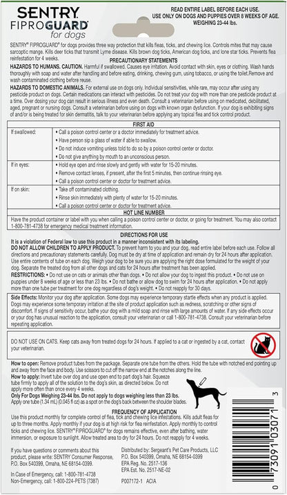 Sentry Fiproguard for Dogs, Flea and Tick Prevention for Dogs (23-44 Pounds), Includes 6 Month Supply of Topical Flea Treatments
